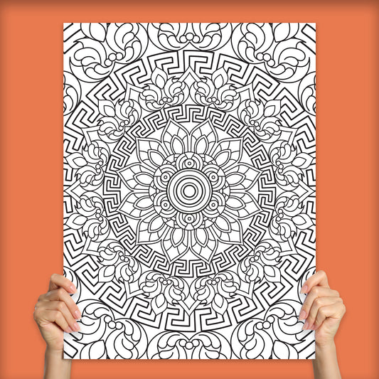 Geometric Floral Mandala Adult Coloring Poster | 18" x 24"