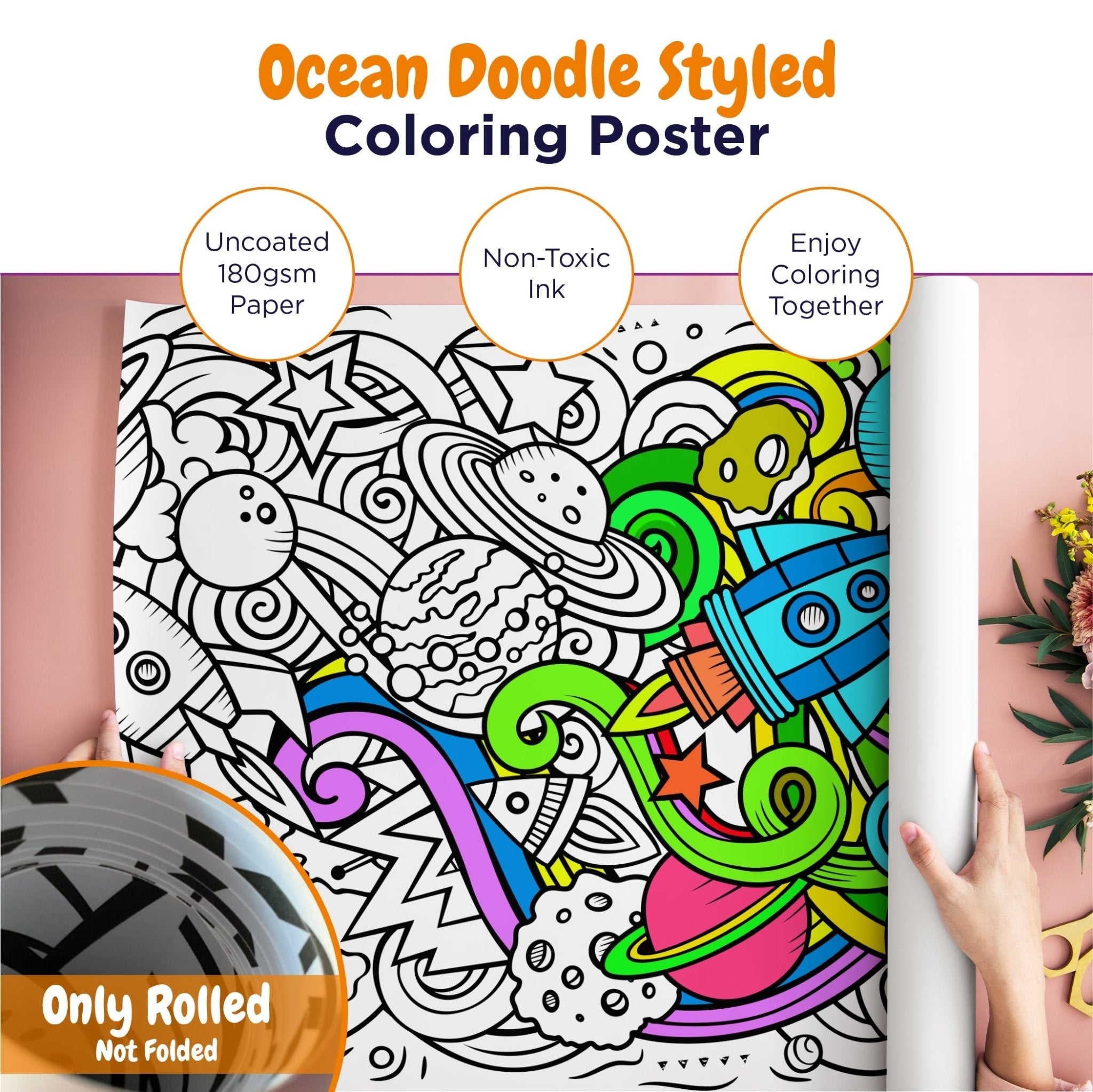 Mimoody - Rolled Ocean Doodle-Themed Giant Coloring Poster - 30 x 68.9 - Dive